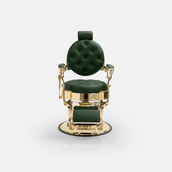 Fauteuil barber ORION GOLD BLACK avec structure dorée et revêtement noir dossier inclinable et repose-pieds professionnel.