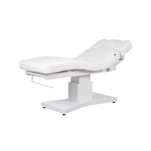 Table de spa & fauteuil LUVIA blanc avec 4 moteurs électriques, matelas ergonomique et télécommande multifonction.